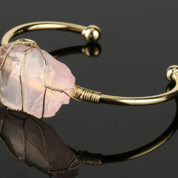Wire-Wrapped Rose Quartz Golden Bangle - Picture 2 of 2